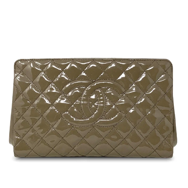 Chanel Designer Handbag with Unique DesignChanel Taupe Patent Timeless Large Clutch