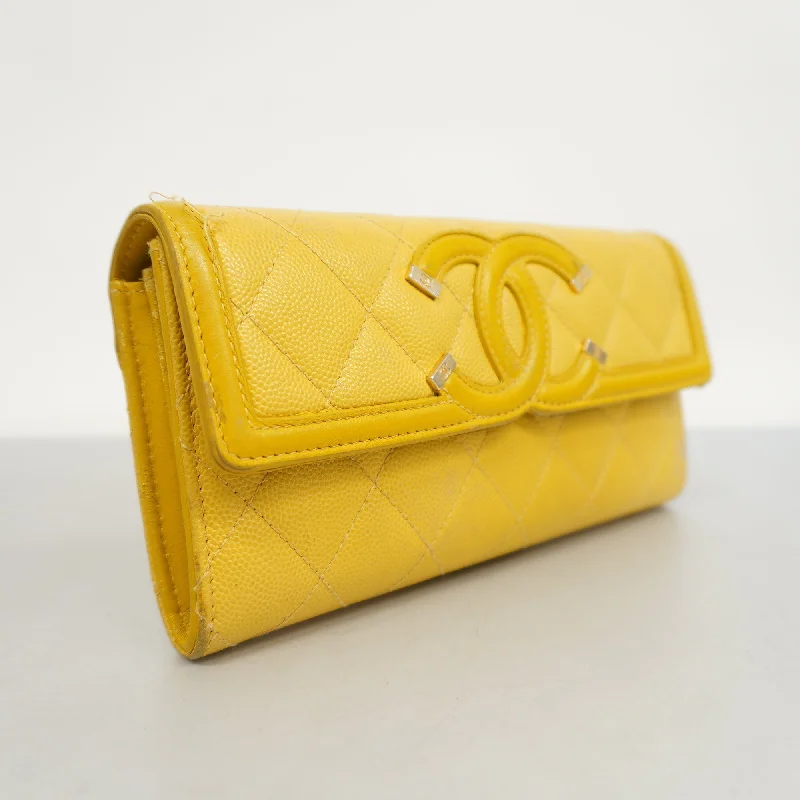 Chanel Handbag with Adjustable Strap for ComfortCHANEL  CC Filigree Gold Hardware Women's Caviar Leather Long Wallet Yellow