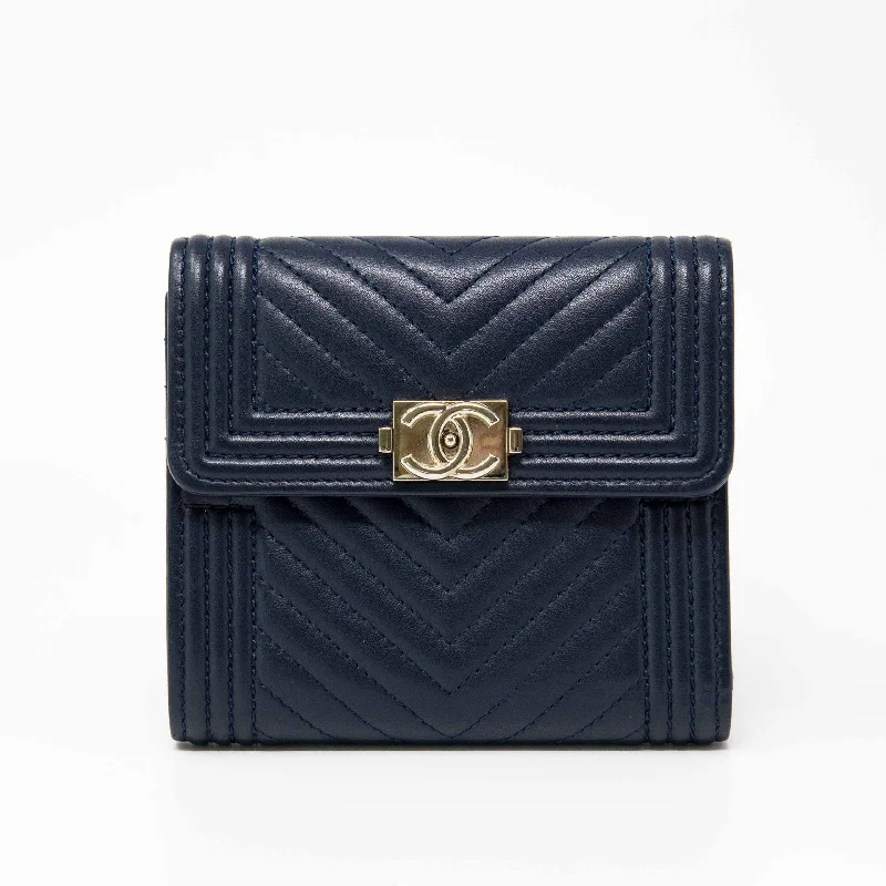 Chanel Handbag with Adjustable Strap for ComfortChanel Blue Lambskin Compact Boy Wallet