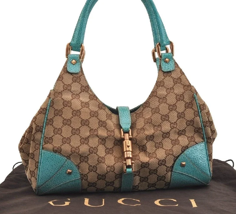 Ladies Gucci shoulder bags with a wide - width strapAuthentic GUCCI Jackie Shoulder Tote Bag GG Canvas Leather 124407 Brown 4958J