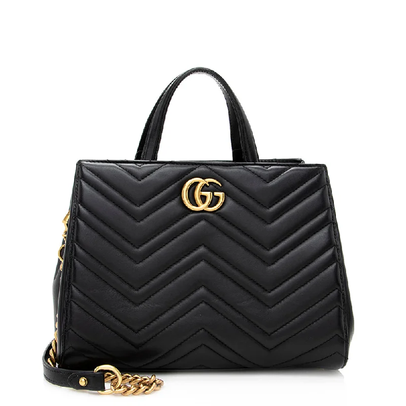 Women Gucci bags with interlocking G hardware for a classic lookGucci Matelasse Leather GG Marmont Top Handle Small Satchel