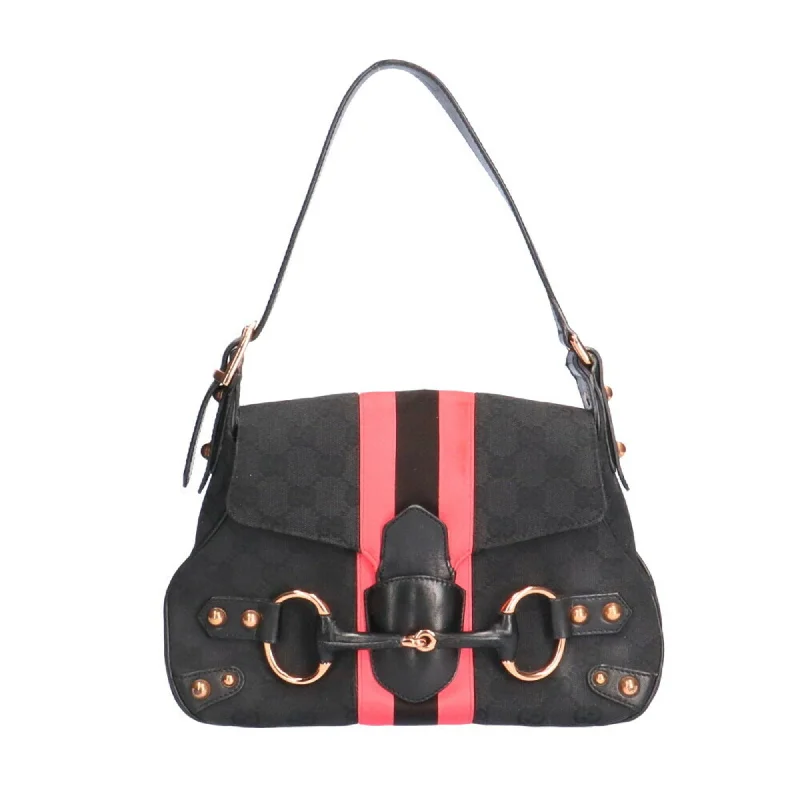 Women Gucci bags with a front - zip pocket for small itemsGucci GG Horsebit Webbing Shoulder Bag Ladies