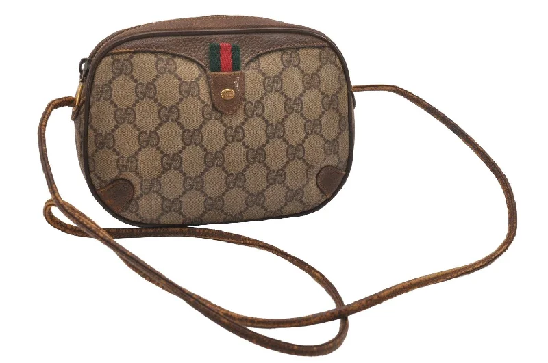 Women Gucci Sylvie bags featuring the signature web stripeAuthentic GUCCI Web Sherry Line Shoulder Cross Bag GG PVC Leather Brown 4402J