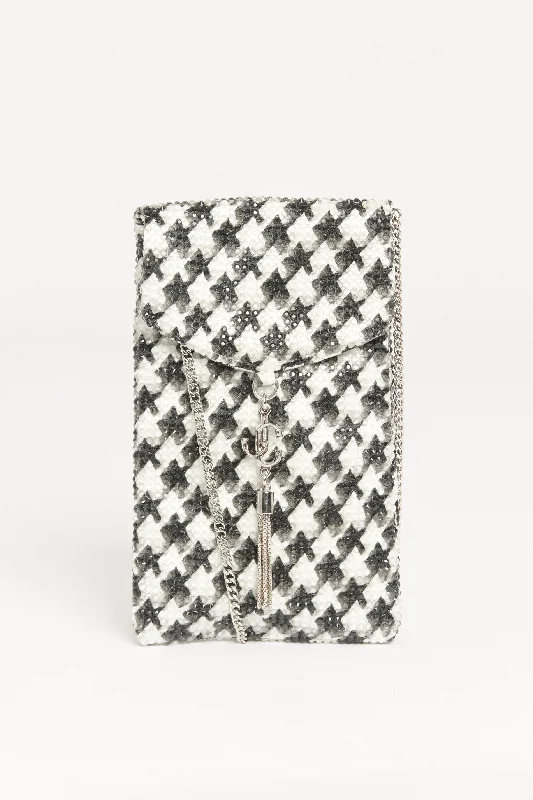 Chanel Lightweight Handbag for Daily Errands2021 Monochrome Houndstooth Preowned Crystal Embellished Phone Case