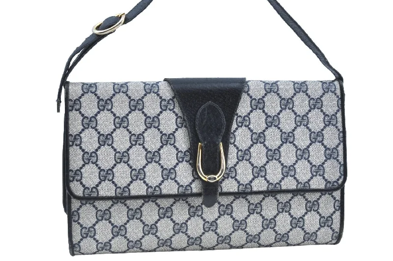 Women Gucci bags with a zippered interior pocketAuthentic GUCCI 2Way Shoulder Clutch Hand Bag Purse GG PVC Leather Navy K7942