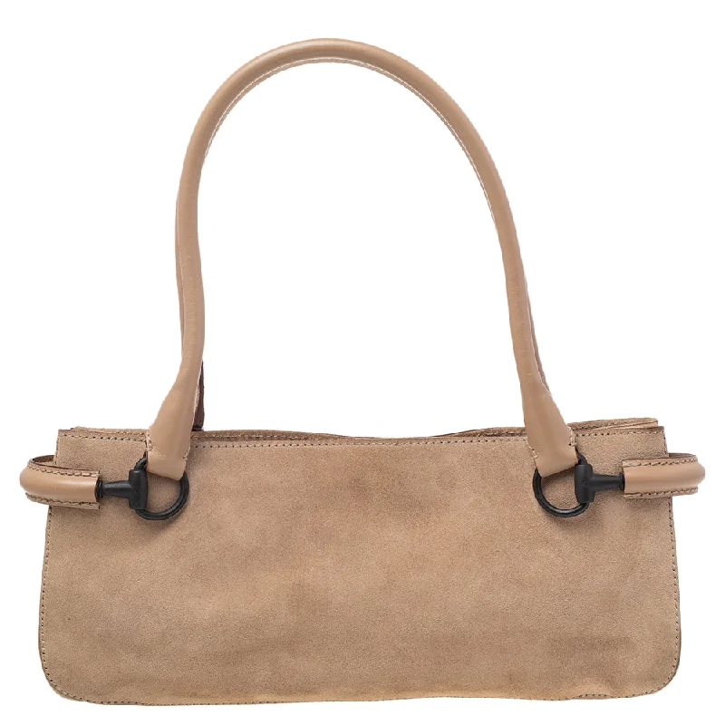 Women Gucci bags with a front - flap pocket for quick - access itemsGucci Beige Suede And Leather Shoulder Bag