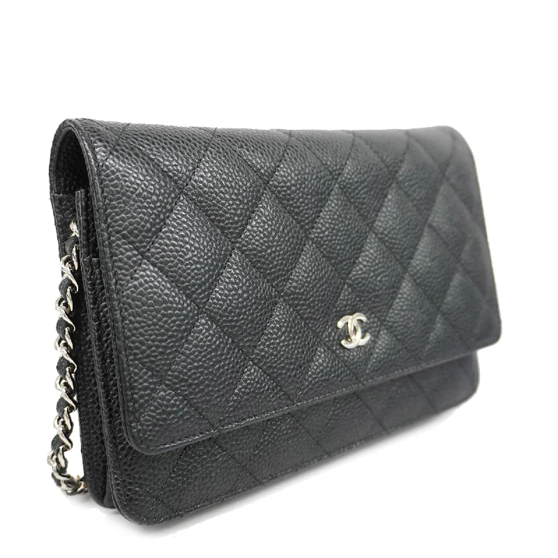 Chanel Vintage Inspired Handbag for Retro LoversCHANEL  Matelasse Silver Hardware Caviar Leather Chain/Shoulder Wallet Black