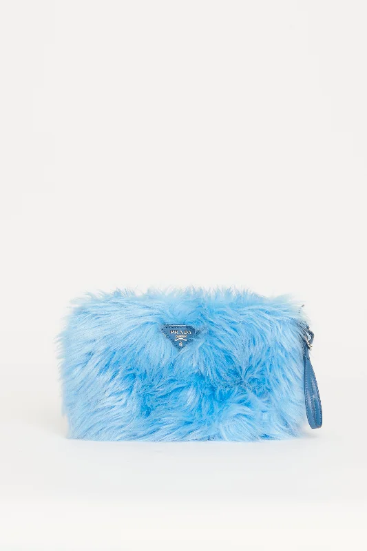 Chanel Vintage Inspired Handbag for Retro LoversSky Blue Faux Fur Preowned Wristlet Clutch