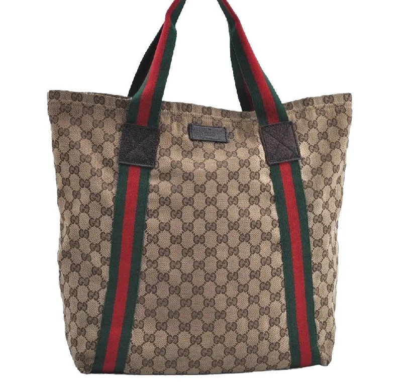 Ladies Gucci shoulder bags with a tassel decorationAuthentic GUCCI Web Sherry Line Tote Bag GG Canvas Leather 189669 Brown K8051