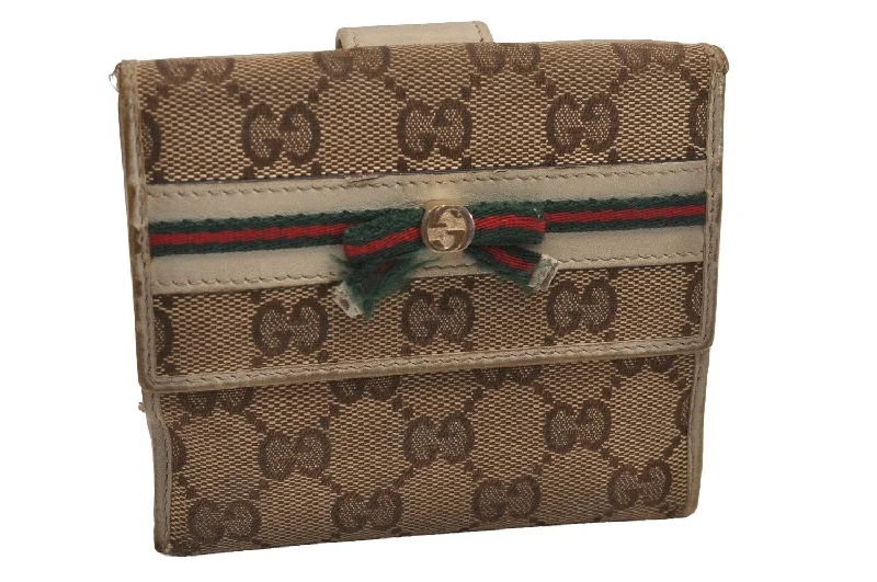 Ladies Gucci handbags with a detachable coin purse insideAuth GUCCI Web Sherry Line Mayfair Bifold Wallet GG Canvas Leather Brown 3907J