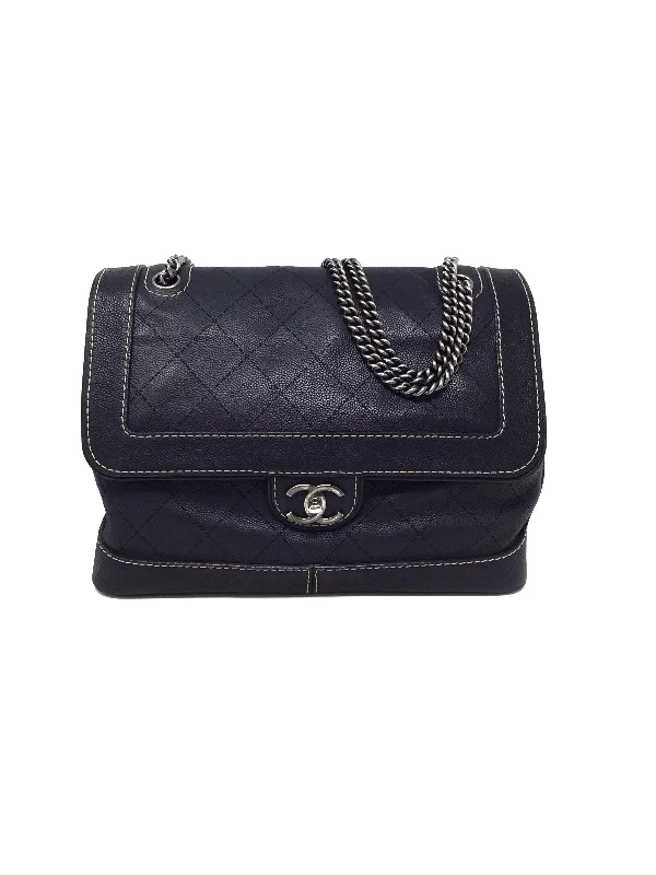 Chanel All - Match Handbag for Versatile StylingChanel Navy '12 Caviar Perforated Contrast Stitch Flap Bag