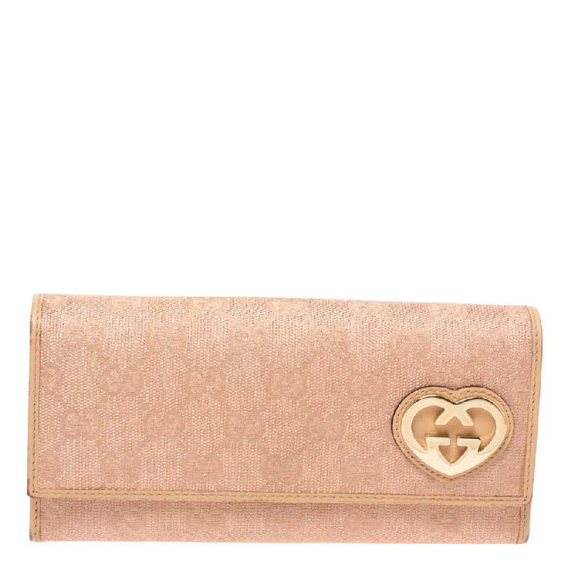 Women Gucci crossbody bags with a printed floral patternGucci Beige/Pink Shimmer GG Canvas Lovely Heart Continental Wallet