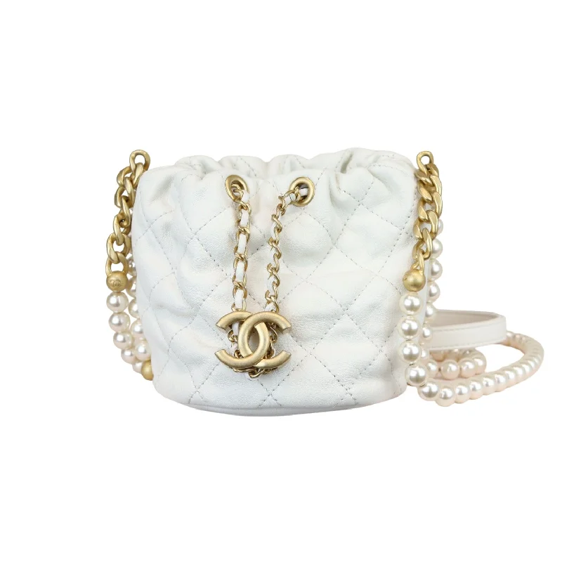 Chanel Colorful Handbag for Spring OutfitsPearl Drawstring Bucket Mini Calfskin Quilted White GHW