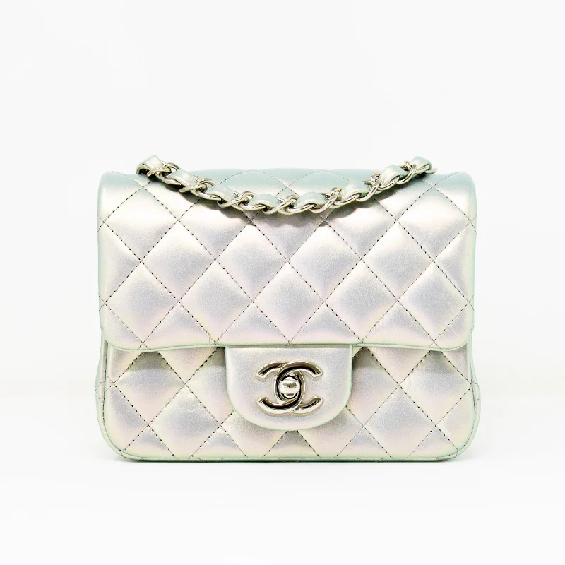 Chanel Black Handbag for Business MeetingsChanel Silver Iridescent Lambskin Mini Square Flap