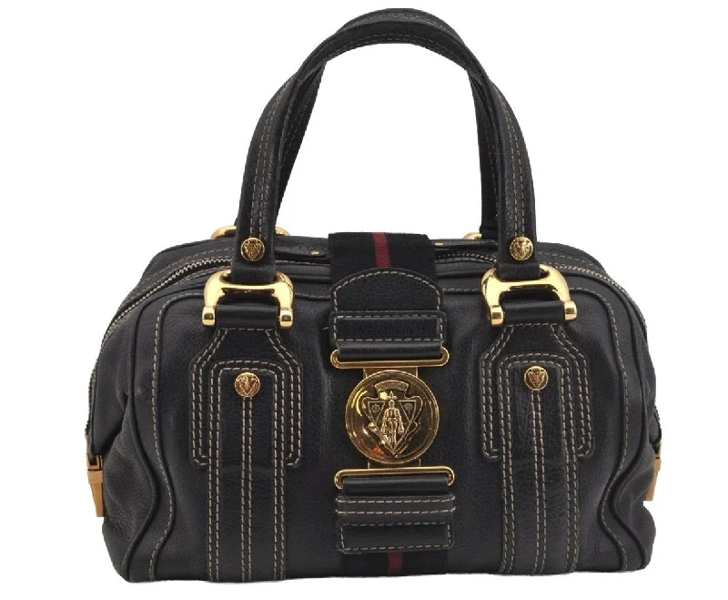 Women Gucci bags with a zip - around closure for securityAuthentic GUCCI Aviatrix Hysteria Hand Boston Bag Leather 186235 Black 3992J