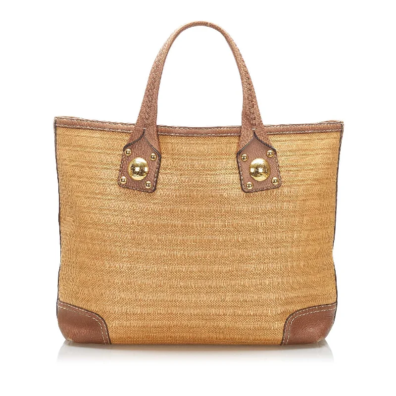 Women Gucci bags with a chain - link trim and a leather bodyGucci Raffia Tote Bag (SHG-16737)