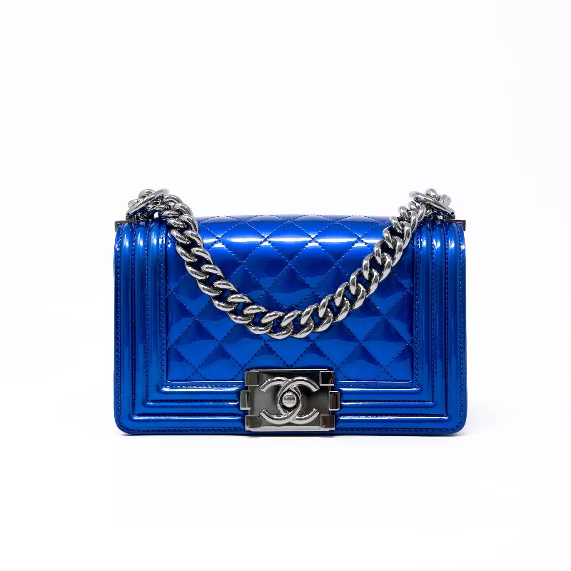 Chanel Designer Handbag with Unique DesignChanel Blue Patent Small Boy Bag