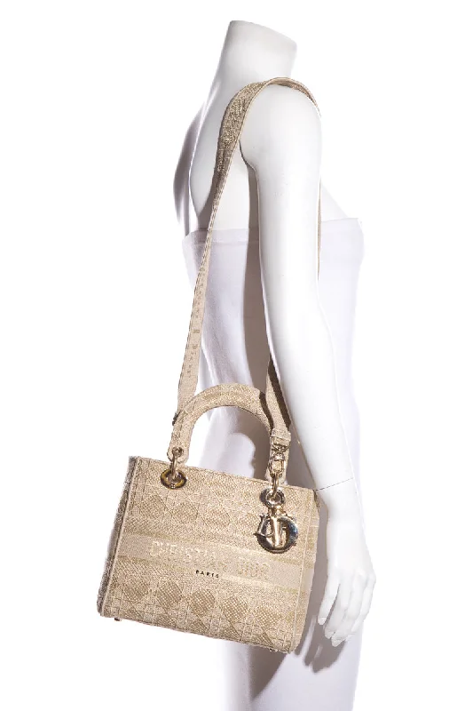 Christian Dior bags with a detachable coin purse insideChristian Dior Tan & Gold Lady Dior Knit Handbag