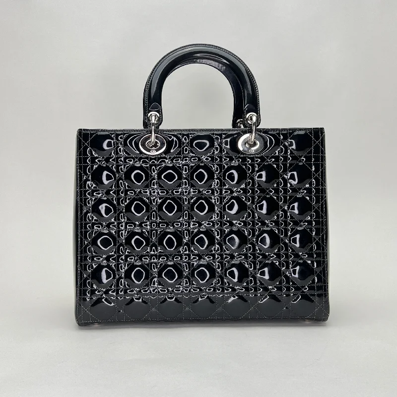 Christian Dior bags with a side - pocket for holding a water bottleLady Dior Large Black Top Handle Bag in Patent Leather, Silver hardware