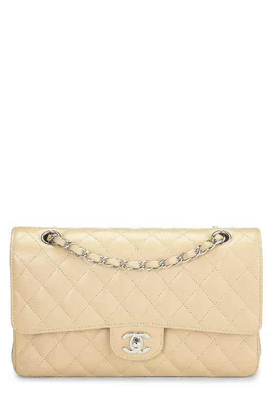 Chanel New Arrival Handbag with Gold HardwareChanel,  Beige Quilted Caviar Classic Double Flap Medium, Beige