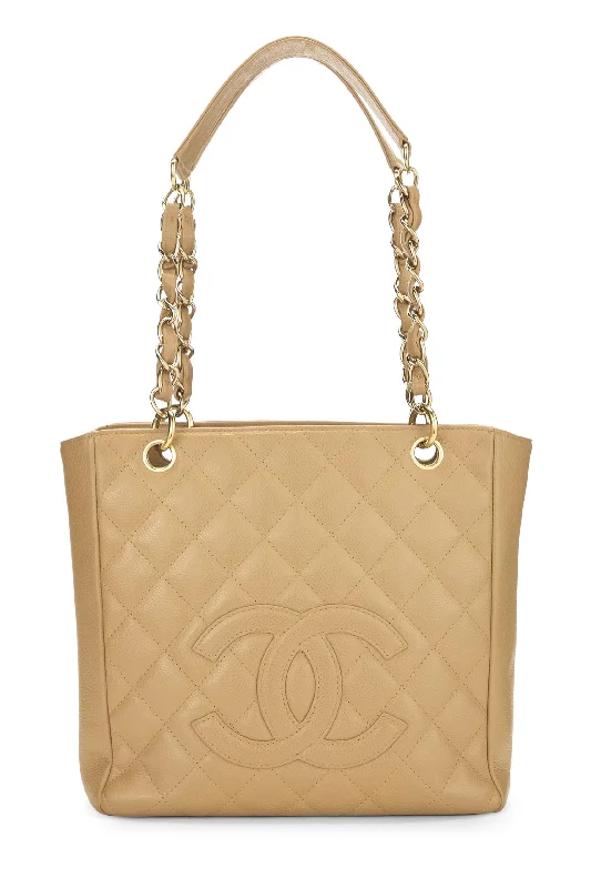 Chanel Designer Handbag with Unique DesignChanel,  Beige Quilted Caviar Petite Shopping Tote (PST), Beige