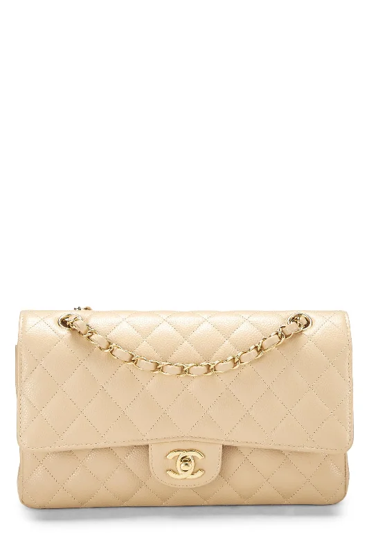 Chanel Designer Handbag with Unique DesignChanel,  Beige Quilted Caviar Classic Double Flap Medium, Beige