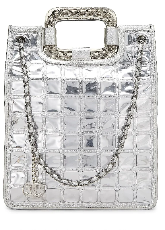 Chanel Luxury Handbag for High - End EventsChanel,  Metallic Silver Quilted Leather Ice Cube Shopping Tote, Silver