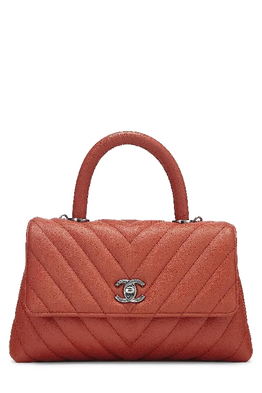 Chanel Colorful Handbag for Spring OutfitsChanel,  Orange Chevron Caviar Coco Handle Bag Small, Orange